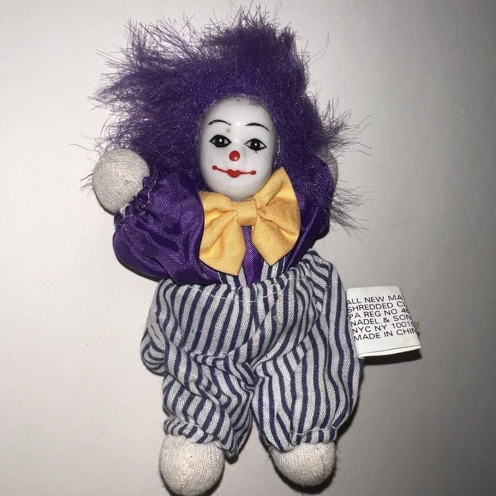 Vintage 1980s Q-Tee Sand-Filled Clown Doll Purple Hair Mardi Gras Theme NOLA